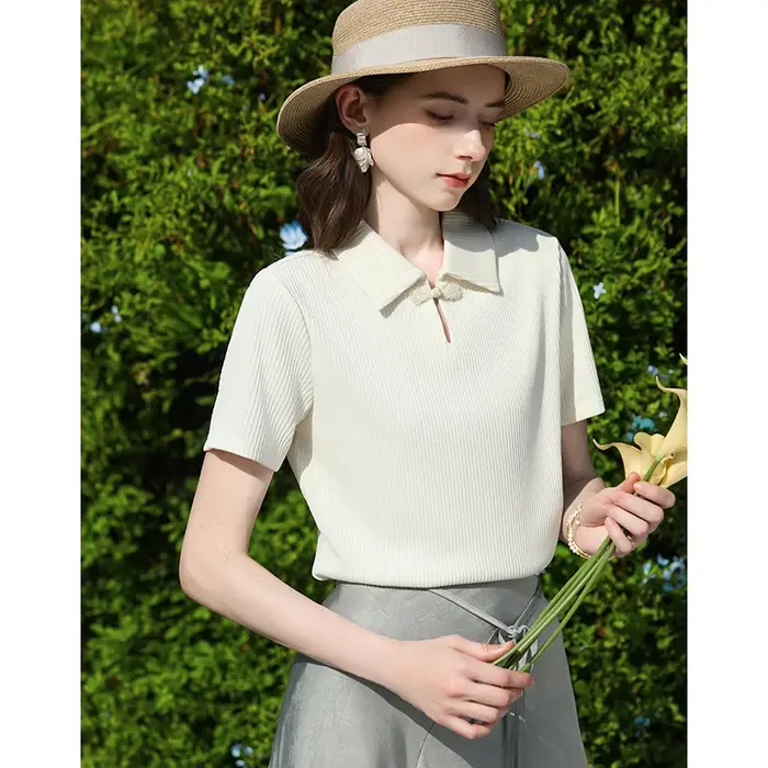 I BELIEVE YOU T-shirt polo côtelé beige pour femme