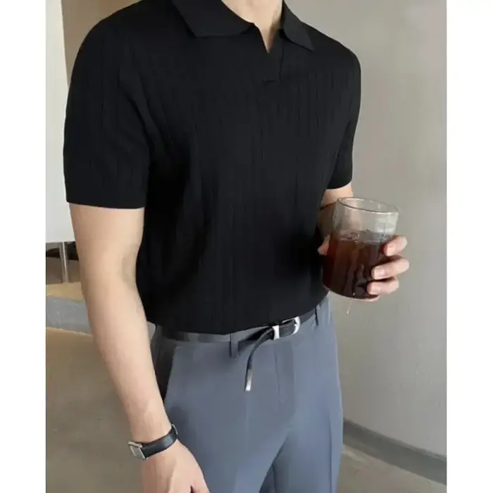 Hommes Slim Fit Polos Solide Stretch Sexy Col TShirt Mode Tendance Coton Haut Décontracté Vêtements D'été Confortable Extensible