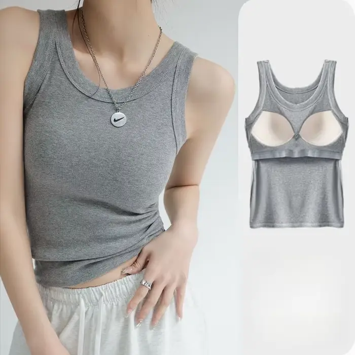 Débardeur côtelé pour femme avec soutien-gorge intégré, sans armatures, confortable pour le quotidie