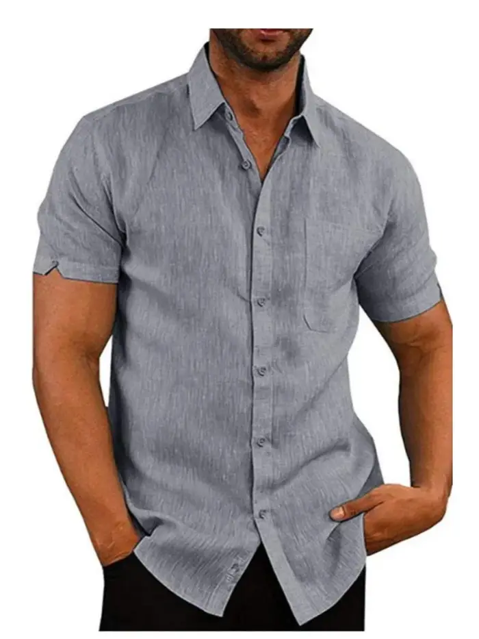 Chemise à manches courtes pour homme en lin mélangé avec poche poitrine