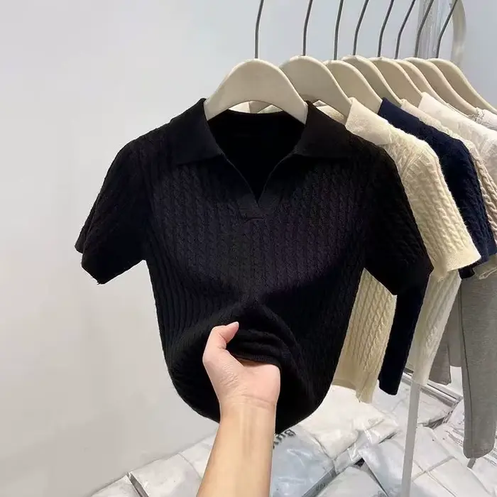 T-shirt à manches courtes en tricot pour femmes, printemps été, toutes occasions, hauts ajustés à co