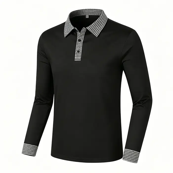 Polo à manches longues pour homme, à carreaux contrastants, col à revers, coupe classique, pour le q