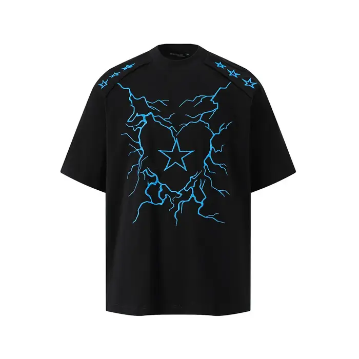 Lightning coeur broderie à manches courtes T-shirt hommes été haute rue col rond demi manches ample