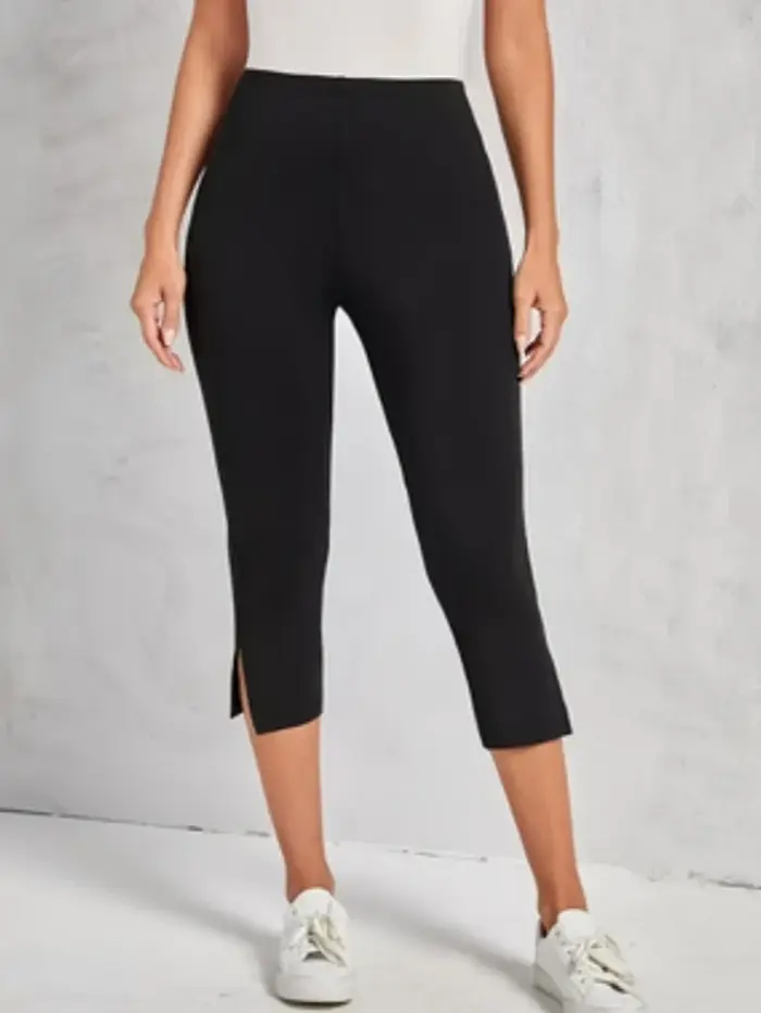 Pantalon noir taille haute fendu pour femmes, mode sept-huitième