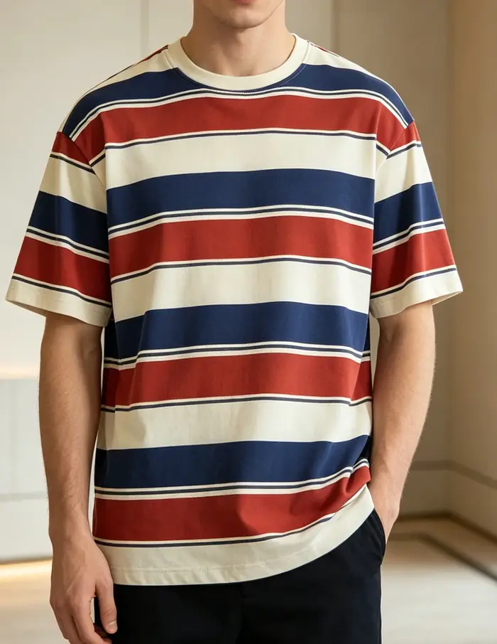 T-shirt rayé rouge, jaune et bleu pour homme