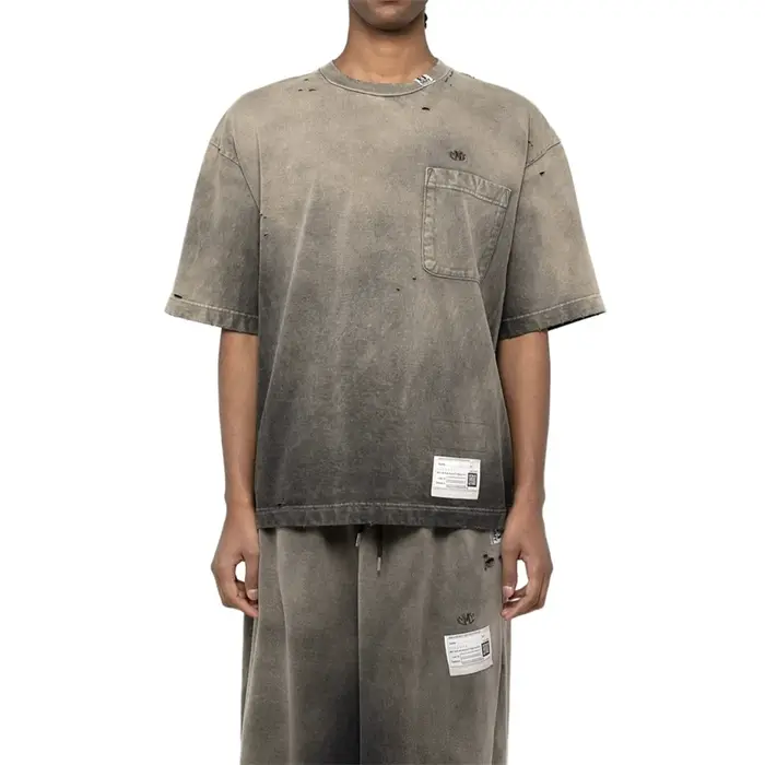 T-shirt à manches courtes pour hommes, col rond dégradé délavé, rétro, décontracté, ample, pour homm