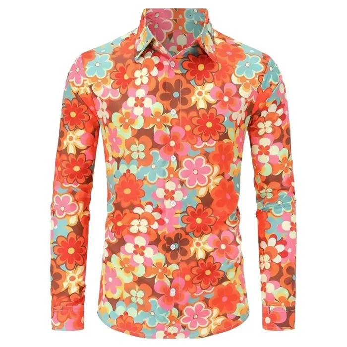 Chemises à manches longues pour hommes Hippie années 70 Disco Hip Hop bouton fleur rétro chemise