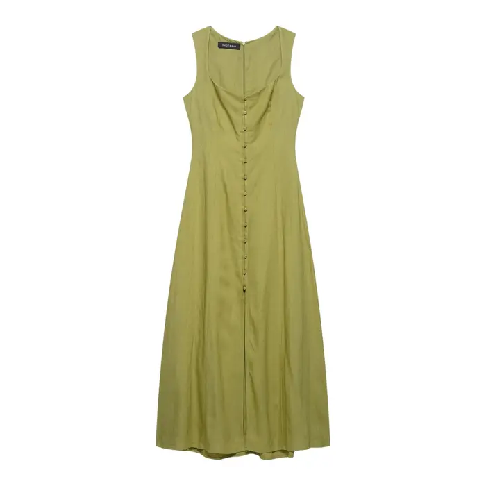 Robe longue élégante sans manches en lin uni à bouton unique