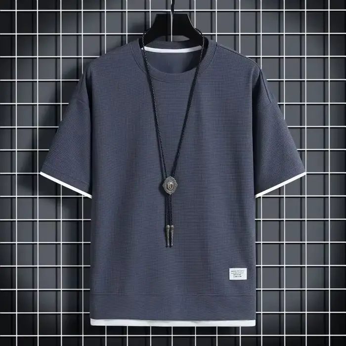 T-shirt ample à manches courtes pour homme, col rond, fin, tendance, avec empiècements, demi-manches