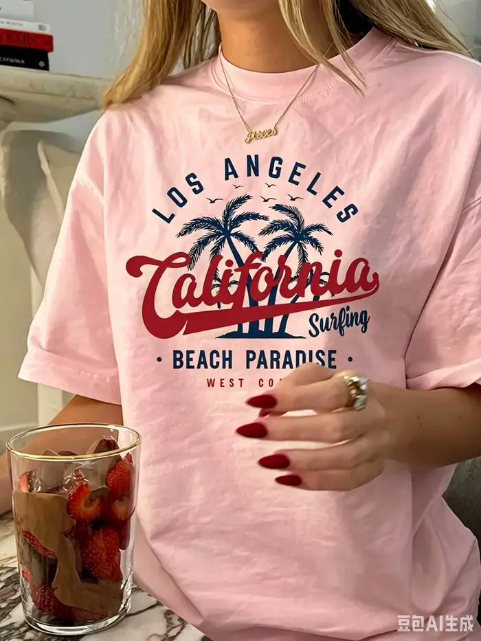 T-shirt d'été 100% coton pour hommes et femmes, imprimé plage de Los Angeles, Californie, décontracté, style surf, convient aussi aux enfants