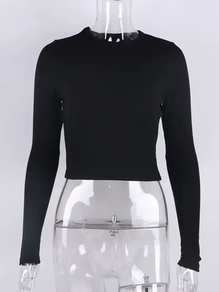 O cou à manches longues chemise femmes côtelé Sexy hauts courts 2022 printemps noir décontracté maigre mince basique femme t-shirts blanc
