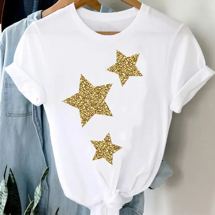 T-shirt étoile dorée couleur d'été mode or étoile à cinq branches Cool nouveau Style Style étranger veste courte femme Ins surdimensionné