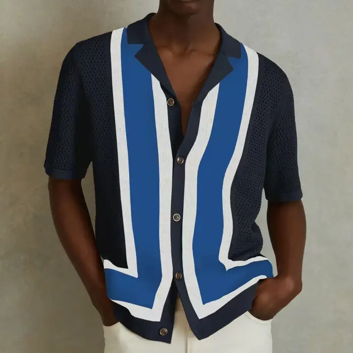2025 été hommes tricoté polos britannique rétro rayure Patchwork tricoté à manches courtes Jacquard