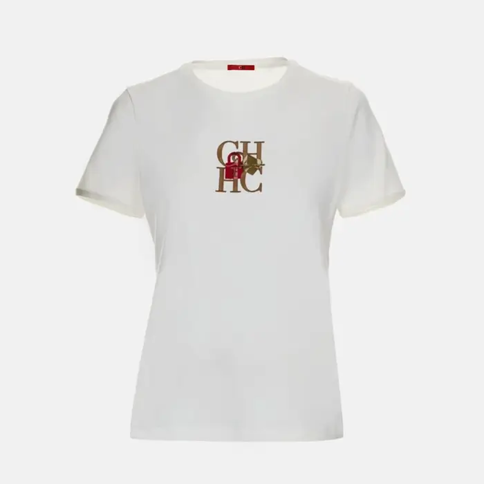 T-shirt col rond pour femme CH, broderie lettre, manches courtes, coton doux, coupe ajustée, tenue quotidienne, hauts décontractés et tendance
