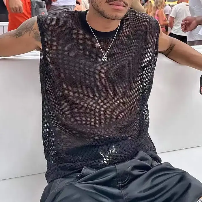 Mode hommes hauts réservoir creux Sexy maille pure Perspective gilet filet de pêche Muscle sans manc