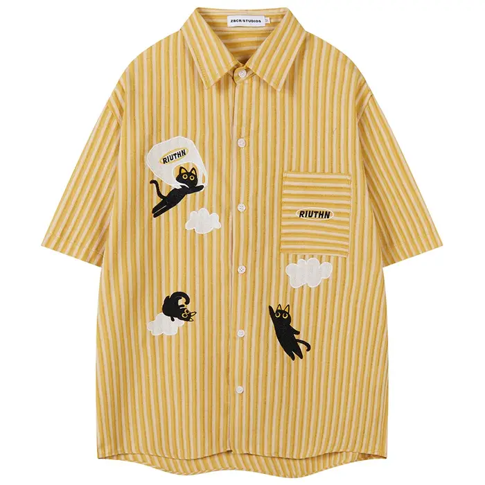 Chemises brodées avec motif de chat pour hommes, chemises rayées vintage, chemisiers boutonnés, chem