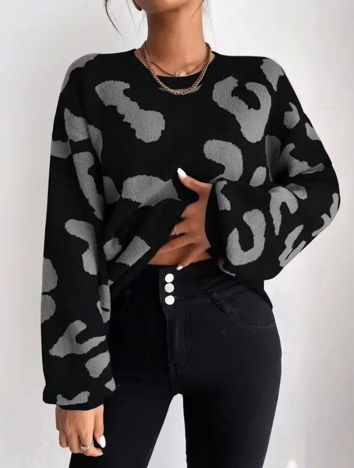 Pull imprimé léopard pour femme, col rond, surdimensionné, automne hiver, haut en tricot polyvalent, chemisier Chic décontracté