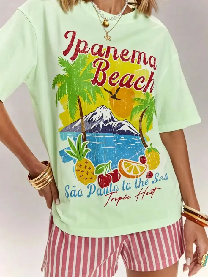 T-shirts pour femmes Ipanema Beach Coconut Trees Fruits Print, t-shirt à col rond en coton, vêtement