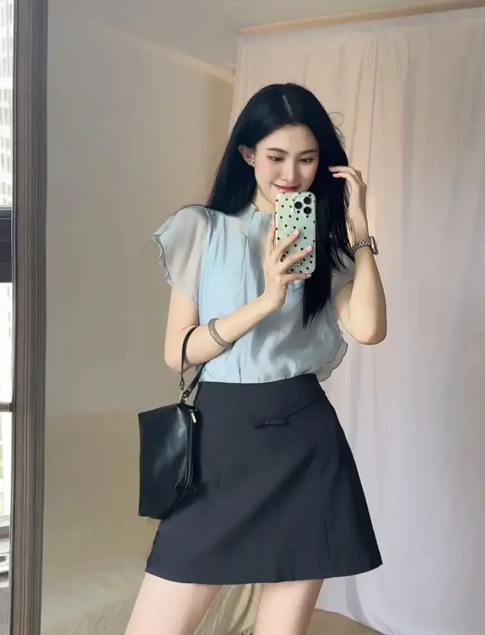 Élégant col mi-haut manches volantes en mousseline de soie chemise transparente Camisole t-shirt femmes taille haute a-ligne jupe été mince trois pièces