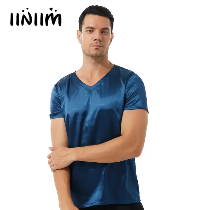 Iiniim-T-Shirt en Satin à Manches Courtes et Col en V pour Homme