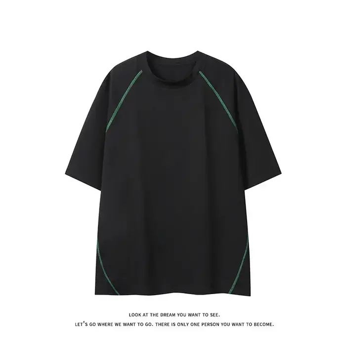 T-shirt homme été tendance ample style vintage américain manches courtes col rond polyvalent couple contrastant surpiqué