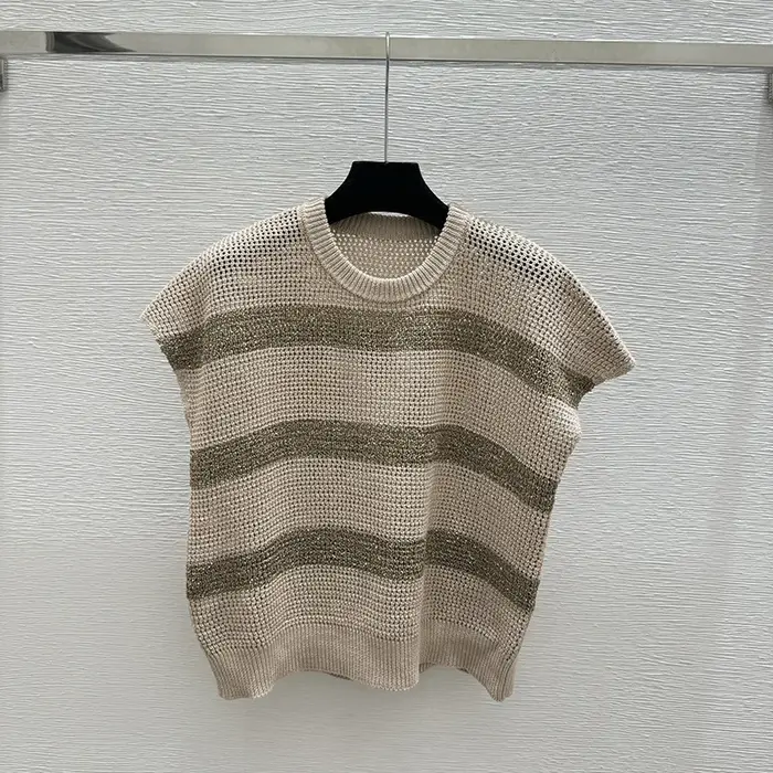 Haut court en tricot ajouré rayé à blocs de couleurs, sans manches, col rond, 26 pouces