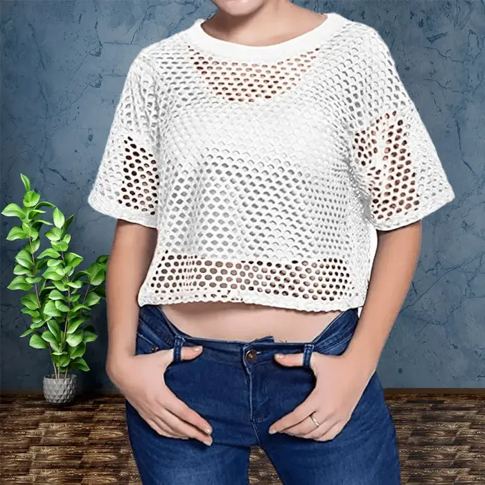 Résille lâche T-shirts Sexy col rond manches courtes évider noir recadrée t-shirt hauts MBN-W109