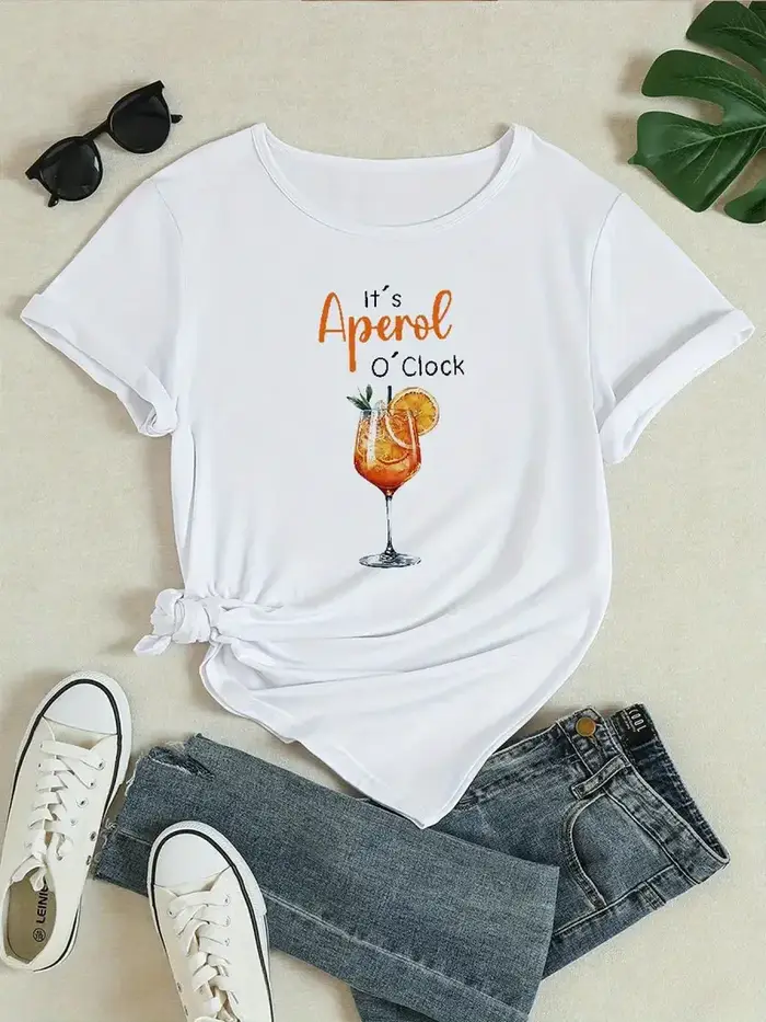 Aperol O'Clock imprimé femmes col rond T-Shirt décontracté à manches courtes lettre imprimer printemps haut d'été