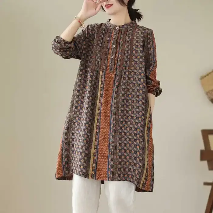 Chemises décontractées pour femmes de style ethnique, imprimé vintage, manches longues, robe chemise