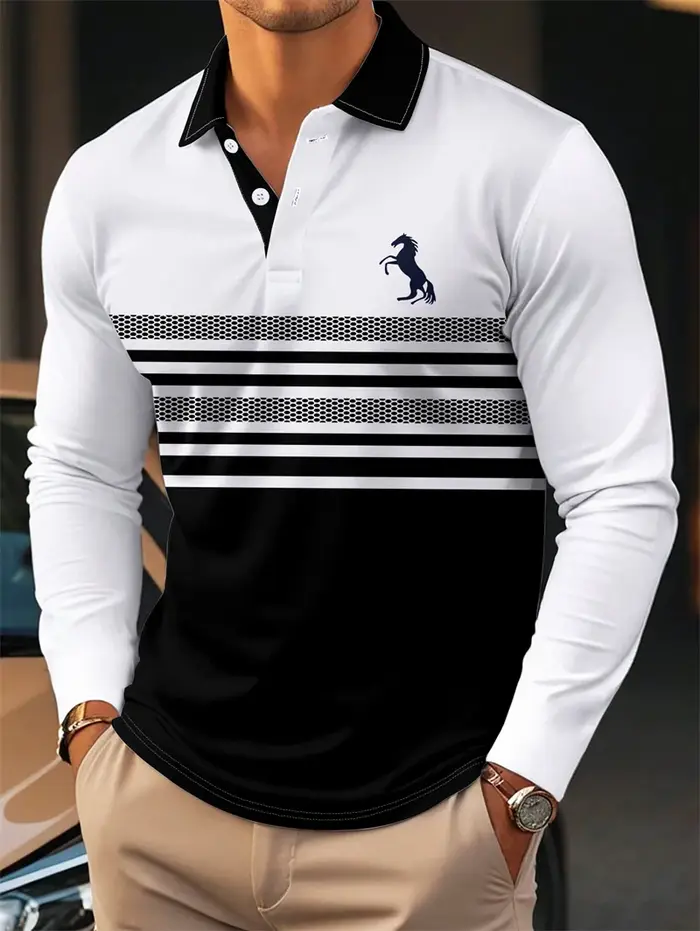 Chemises polo simples à rayures pour hommes, imprimées en 3D, décontractées, à manches longues, pour l'été, chemises polo d'affaires, amples, respirantes