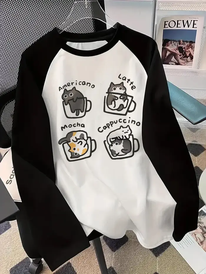 T-shirt à manches longues Coffee Cat, imprimé, drôle, style Hip Hop années 90, t-shirt décontracté p