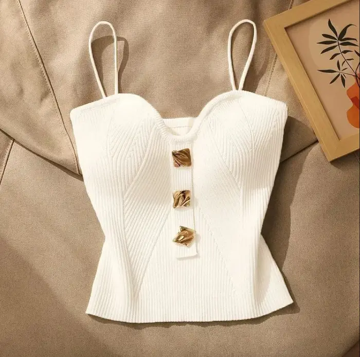 Débardeur court d'été en maille croisée pour femme, style français, sexy, coupe ajustée, sans bretel
