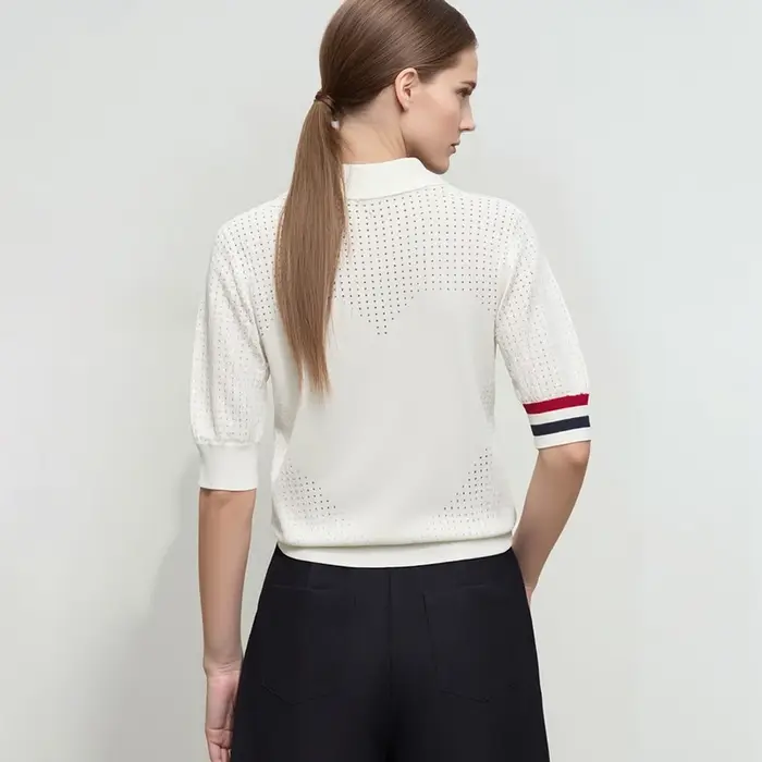 Chemises Polo AMII Femme Printemps 2026 Nouveau Col Revers Décontracté Contraste de Couleurs Rayé Tricoté T-shirts Haut