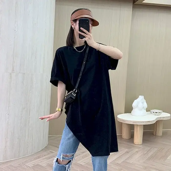 2025 été nouveau T-shirt femme 100% coton coréen irrégulier à manches courtes T-shirt jupe longue no