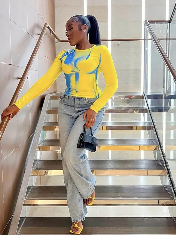 Body imprimé culture t-shirts femmes automne printemps Y2K mode coréenne à manches longues col rond haut maigre t-shirt Streetwear