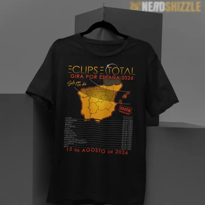 T-shirt graphique Eclipse solaire total Espagne 2026 – Carte de la trajectoire de l'éclipse imprimée – Coton unisexe surdimensionné à manches courtes pour les amateurs d'astronomie