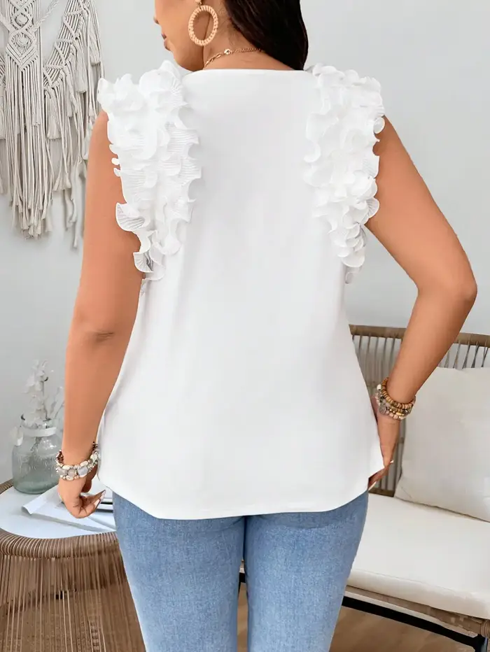 Débardeur blanc à volants sans manches et col en V pour femme | Chemise d'été décontractée élégante à détail floral sur