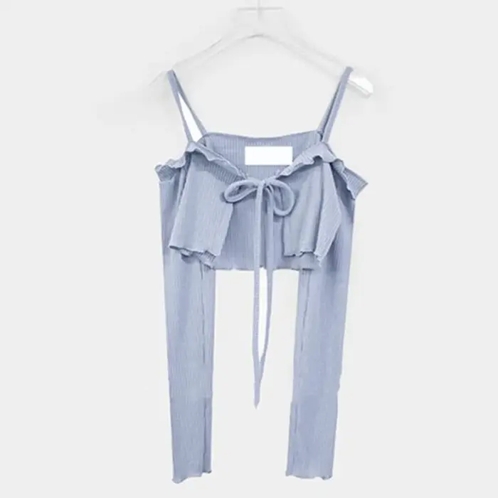 Mode rose Sexy femmes épaules nues à lacets manteaux corée printemps été nouveau doux Cardigan court mince pull bretelle