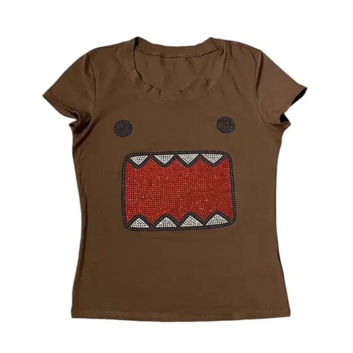 Été nouvelles femmes Y2K fille rétro chaud Fix strass Application col rond haut T-shirt drôle Vintag