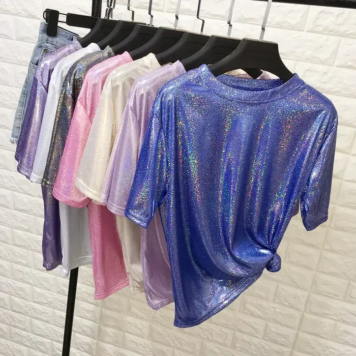 Été femme hauts brillant ample à manches courtes t-shirt sexy club esthétique harajuku femmes élégant
