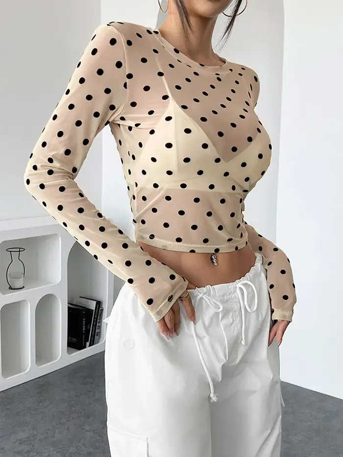 Femmes à pois à manches longues hauts en maille Sexy voir à travers des chemisiers transparents chemises sortie haut