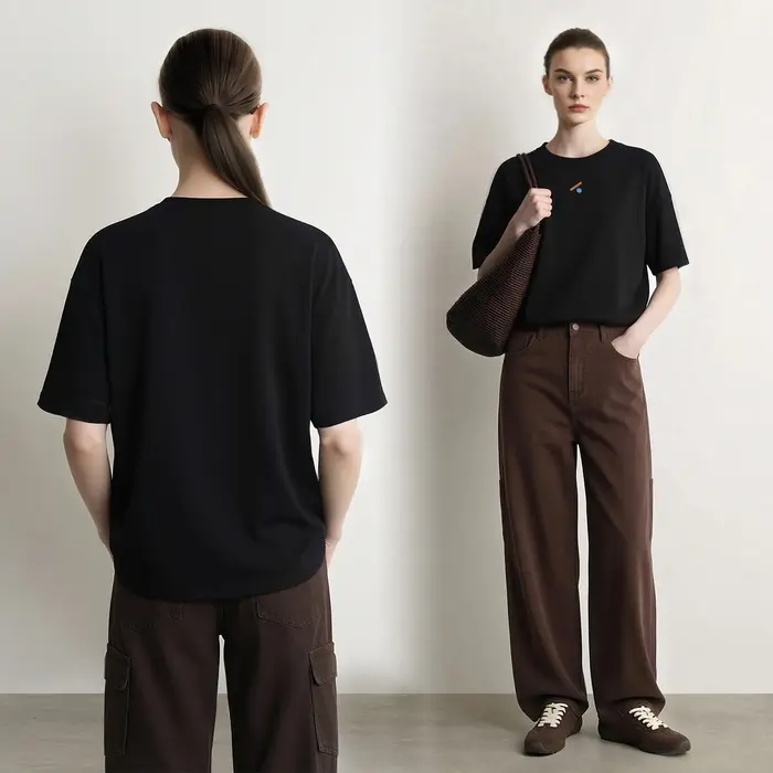 T-shirts pour femmes Amii, col rond, épaules tombantes, broderie géométrique, hauts amples d'automne, vêtements décontractés et confortables pour femmes 12623030