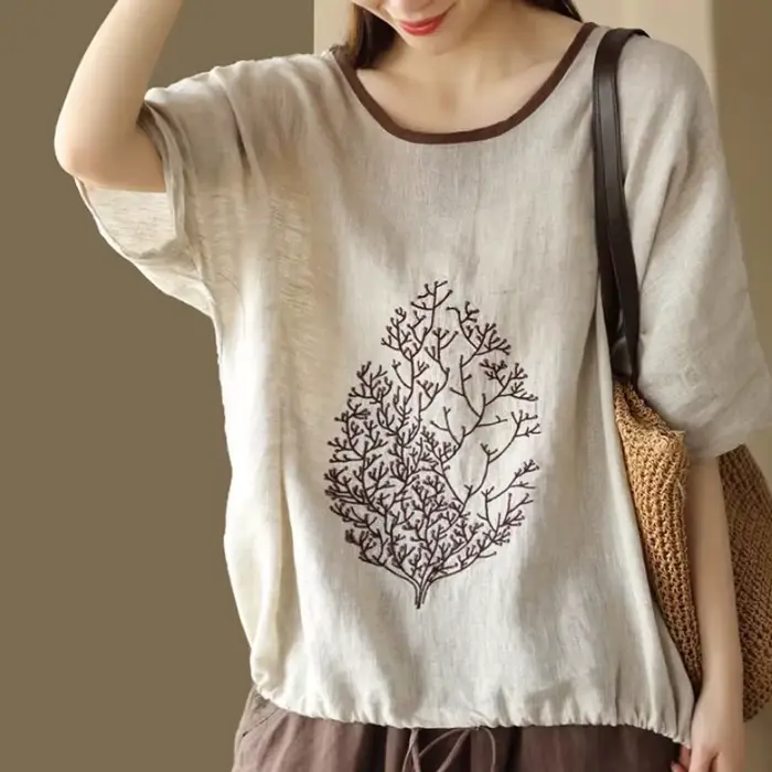 T-shirt à empiècements à col rond pour femmes, Streetwear tout match, Broderie de niche, Tempérament