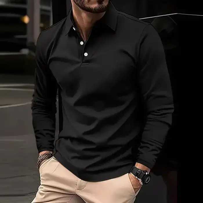 Classique hommes simple couleur unie revers polos printemps automne affaires loisirs voyage en plein air amis fête à manches longues hauts