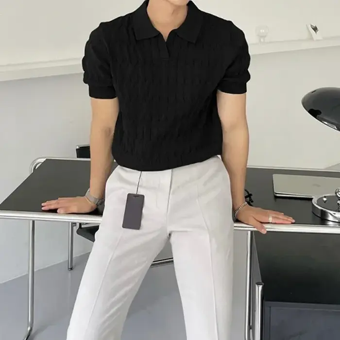 Polo jacquard à rayures pour hommes, T-shirt décontracté à col en V et à manches courtes, vêtement d