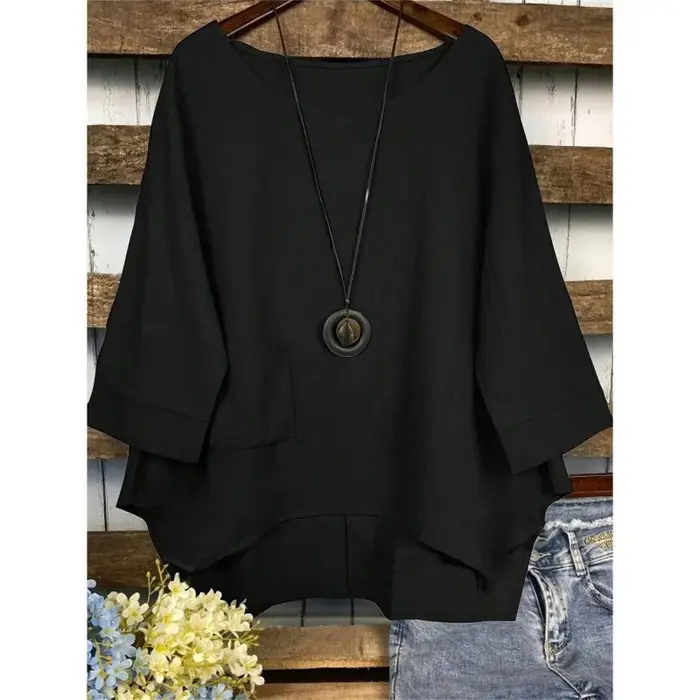 T-shirt d'été en coton et lin grande taille pour femme avec poche