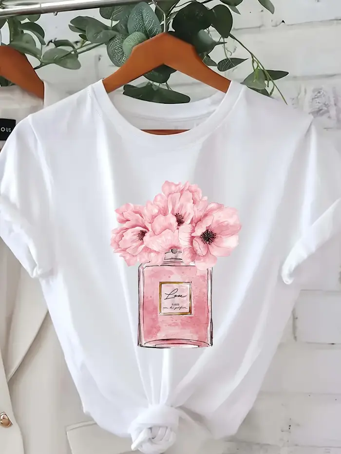 T-Shirt imprimé Floral pour femmes, Design de fleurs de Paris, haut décontracté à col rond et manche