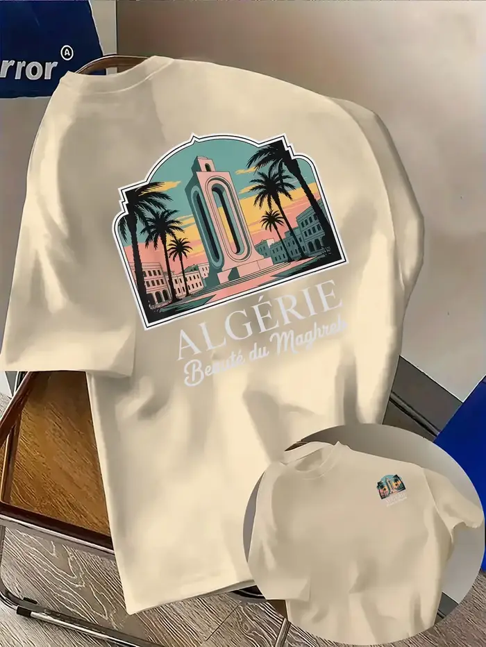 T-shirt d'été pour homme de style maghrébin avec le logo « Algérie » sur un haut à col rond respirant, anti-humidité et ample