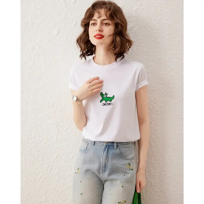 Modiis Yao-T-shirt brodé crocodile pour femme, col rond basique, pull à manches courtes, haut décontracté, t-shirt à la mode, été 2024