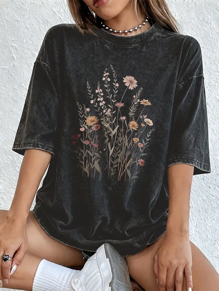 T-shirts pour femmes en coton à manches courtes, style bohème, imprimé floral, délavés, col rond, co